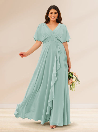 Robes de Demoiselle d'Honneur Grande Taille à Col En V et Manches Courtes avec Poches