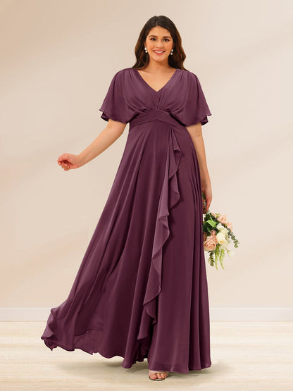Robes de Demoiselle d'Honneur Grande Taille à Col En V et Manches Courtes avec Poches