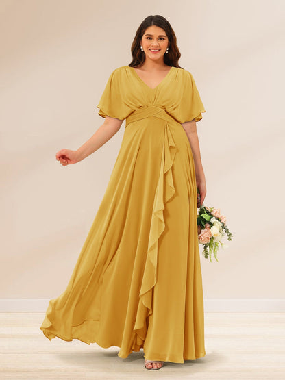 Robes de Demoiselle d'Honneur Grande Taille à Col En V et Manches Courtes avec Poches