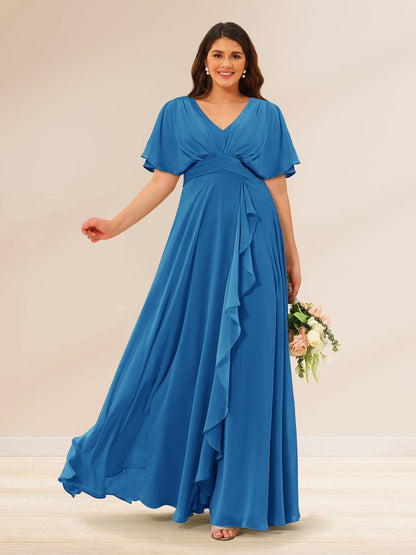 Robes de Demoiselle d'Honneur Grande Taille à Col En V et Manches Courtes avec Poches