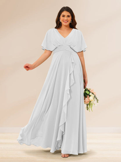 Robes de Demoiselle d'Honneur Grande Taille à Col En V et Manches Courtes avec Poches