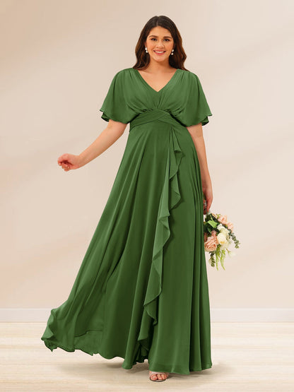 Robes de Demoiselle d'Honneur Grande Taille à Col En V et Manches Courtes avec Poches