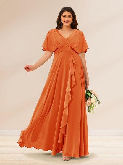 Robes de Demoiselle d'Honneur Grande Taille à Col En V et Manches Courtes avec Poches