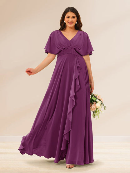 Robes de Demoiselle d'Honneur Grande Taille à Col En V et Manches Courtes avec Poches
