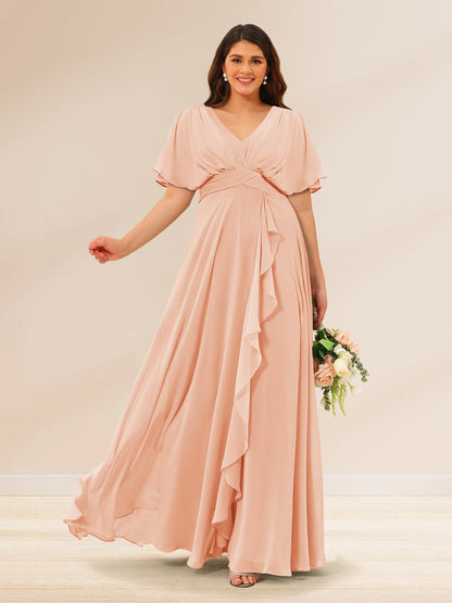Robes de Demoiselle d'Honneur Grande Taille à Col En V et Manches Courtes avec Poches
