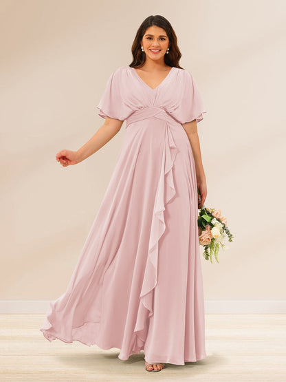 Robes de Demoiselle d'Honneur Grande Taille à Col En V et Manches Courtes avec Poches