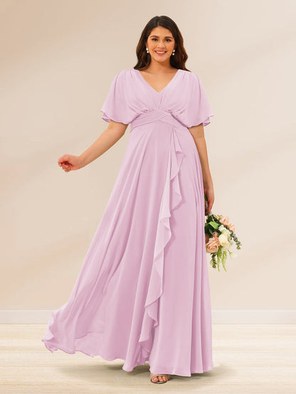Robes de Demoiselle d'Honneur Grande Taille à Col En V et Manches Courtes avec Poches
