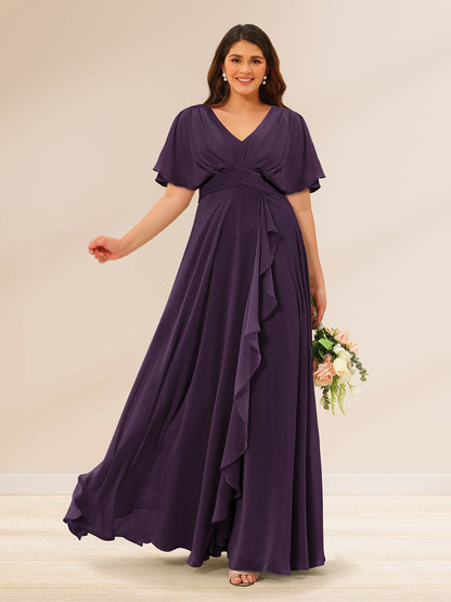 Robes de Demoiselle d'Honneur Grande Taille à Col En V et Manches Courtes avec Poches