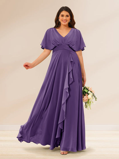 Robes de Demoiselle d'Honneur Grande Taille à Col En V et Manches Courtes avec Poches