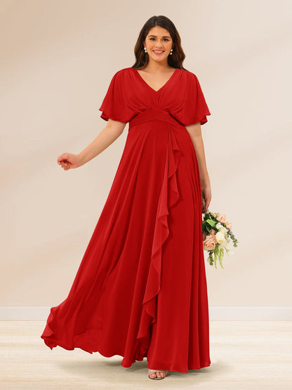 Robes de Demoiselle d'Honneur Grande Taille à Col En V et Manches Courtes avec Poches
