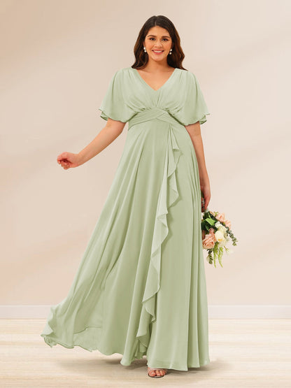 Robes de Demoiselle d'Honneur Grande Taille à Col En V et Manches Courtes avec Poches