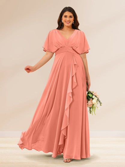 Robes de Demoiselle d'Honneur Grande Taille à Col En V et Manches Courtes avec Poches