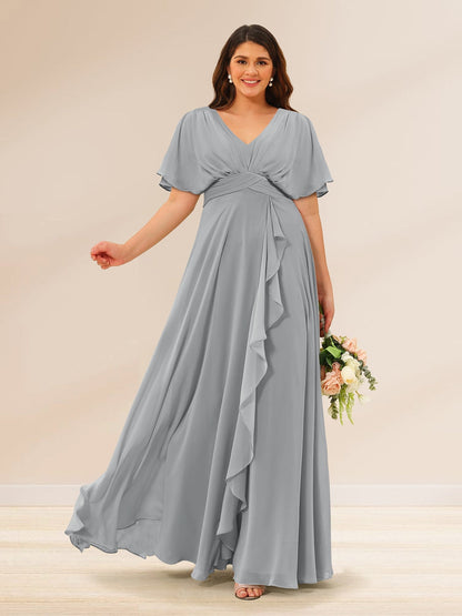 Robes de Demoiselle d'Honneur Grande Taille à Col En V et Manches Courtes avec Poches