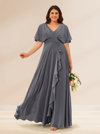 Robes de Demoiselle d'Honneur Grande Taille à Col En V et Manches Courtes avec Poches