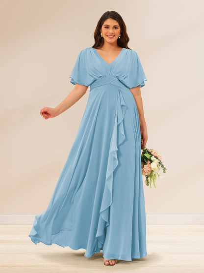 Robes de Demoiselle d'Honneur Grande Taille à Col En V et Manches Courtes avec Poches