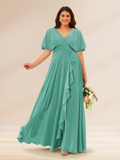 Robes de Demoiselle d'Honneur Grande Taille à Col En V et Manches Courtes avec Poches