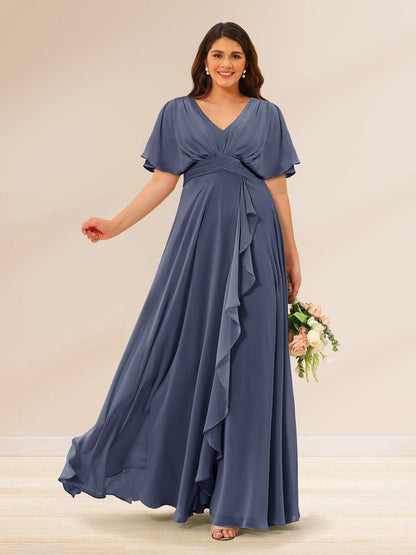 Robes de Demoiselle d'Honneur Grande Taille à Col En V et Manches Courtes avec Poches