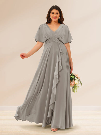 Robes de Demoiselle d'Honneur Grande Taille à Col En V et Manches Courtes avec Poches
