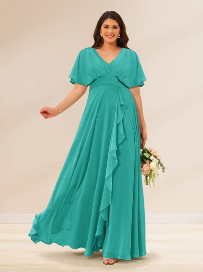 Robes de Demoiselle d'Honneur Grande Taille à Col En V et Manches Courtes avec Poches