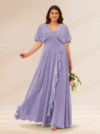 Robes de Demoiselle d'Honneur Grande Taille à Col En V et Manches Courtes avec Poches