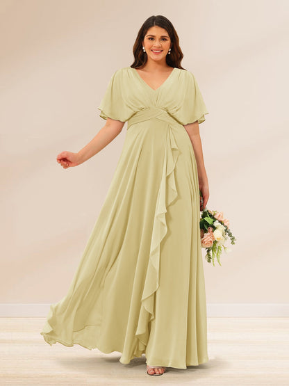 Robes de Demoiselle d'Honneur Grande Taille à Col En V et Manches Courtes avec Poches