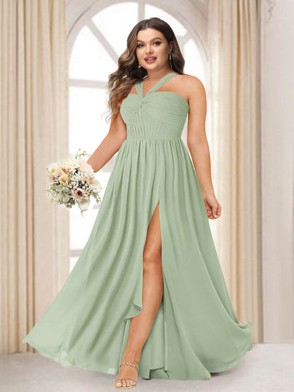 Robe de Demoiselled'Honneur Longue Grande Taille, Coupe A-Line/Princesse, Dos Nu avec Fente Latérale