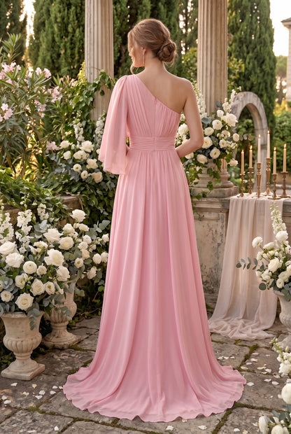 Robe de demoiselle d'honneur longue au sol trapèze, asymétrique à une épaule avec fente latérale