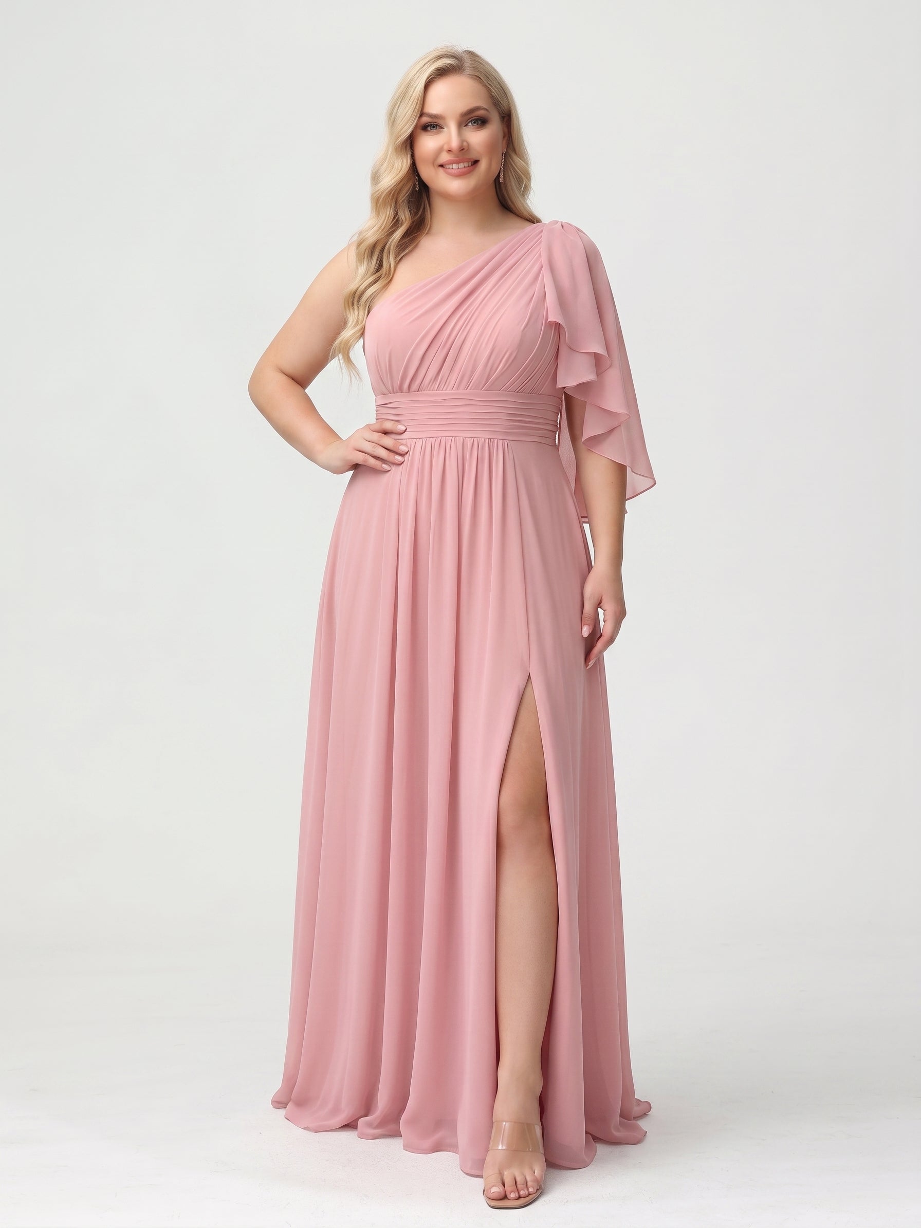 Robe de demoiselle d'honneur grande taille longue au sol, coupe trapèze asymétrique avec fente latérale