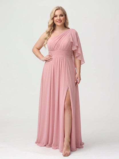 Robe de demoiselle d'honneur grande taille longue au sol, coupe trapèze asymétrique avec fente latérale