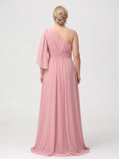 Robe de demoiselle d'honneur grande taille longue au sol, coupe trapèze asymétrique avec fente latérale