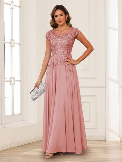 Robe de Mère de la Mariée en Mousseline de Soie, Coupe Trapèze/Princesse, Manches Courtes avec Appliques
