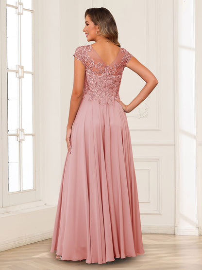 Robe de Mère de la Mariée en Mousseline de Soie, Coupe Trapèze/Princesse, Manches Courtes avec Appliques