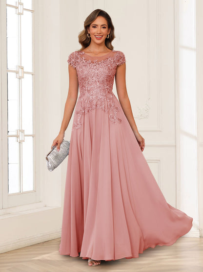 Robe de Mère de la Mariée en Mousseline de Soie, Coupe Trapèze/Princesse, Manches Courtes avec Appliques
