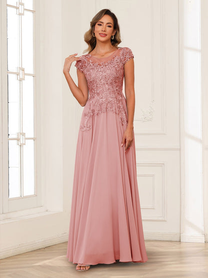 Robe de Mère de la Mariée en Mousseline de Soie, Coupe Trapèze/Princesse, Manches Courtes avec Appliques