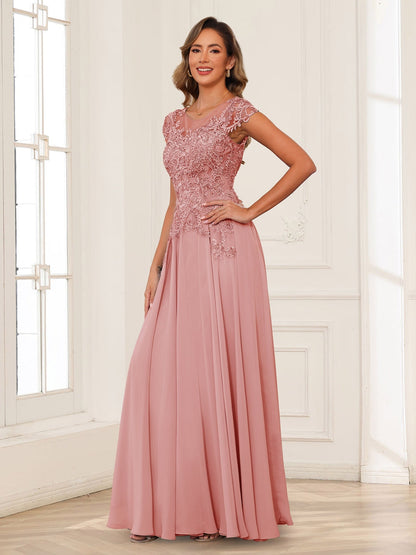 Robe de Mère de la Mariée en Mousseline de Soie, Coupe Trapèze/Princesse, Manches Courtes avec Appliques