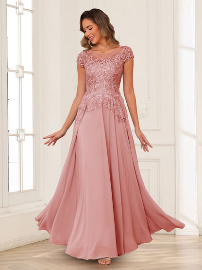 Robe de Mère de la Mariée en Mousseline de Soie, Coupe Trapèze/Princesse, Manches Courtes avec Appliques