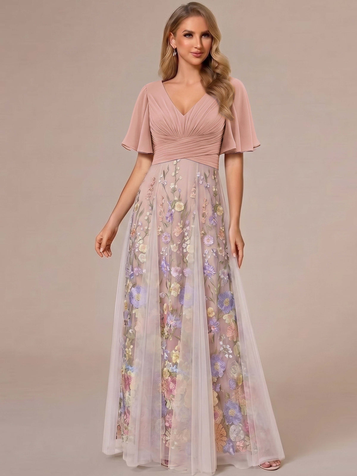 Robe Mère de la Mariée Ligne A/Princesse, Col en V & Manches Mi-longues, avec Appliques & Plis