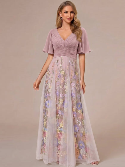 Ligne A/Princesse Col en V Demi-manches Robes Mère de la Mariée avec Appliques & Plis