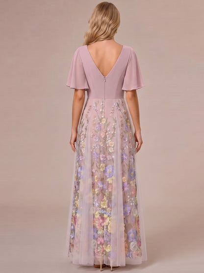 Robe Mère de la Mariée Ligne A/Princesse, Col en V & Manches Mi-longues, avec Appliques & Plis