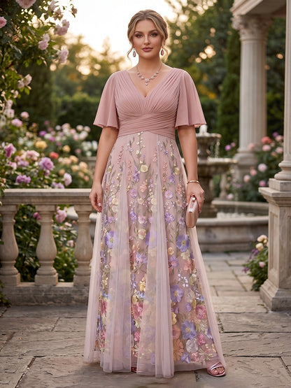 Robe Mère de la Mariée Grande Taille A-Ligne Col en V à Demi-manches avec Appliques et Plis
