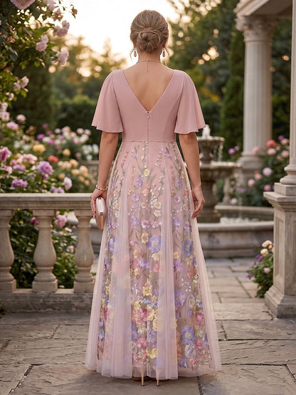 Robe Mère de la Mariée Grande Taille A-Ligne Col en V à Demi-manches avec Appliques et Plis