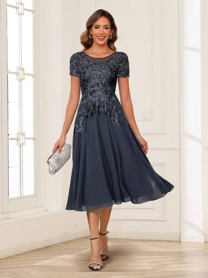 Robe de Mère de la Mariée en Mousseline de Soie, Coupe Trapèze/Princesse, Manches Courtes avec Appliques