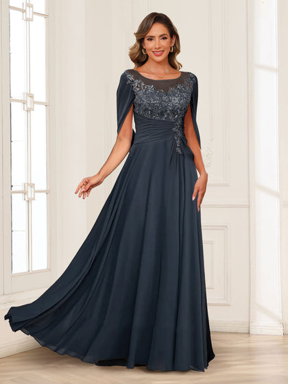 Robe de Mère de la Mariée Coupe A-Line/Princesse, Décolleté Illusion, Appliques Froncées avec Cape