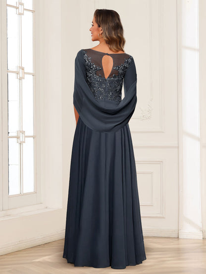 Robe de Mère de la Mariée Coupe A-Line/Princesse, Décolleté Illusion, Appliques Froncées avec Cape