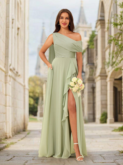 Robe de Demoiselled'Honneur Longue Asymétrique, Coupe A-Line/Princesse, à Une Épaule et Fente Latérale