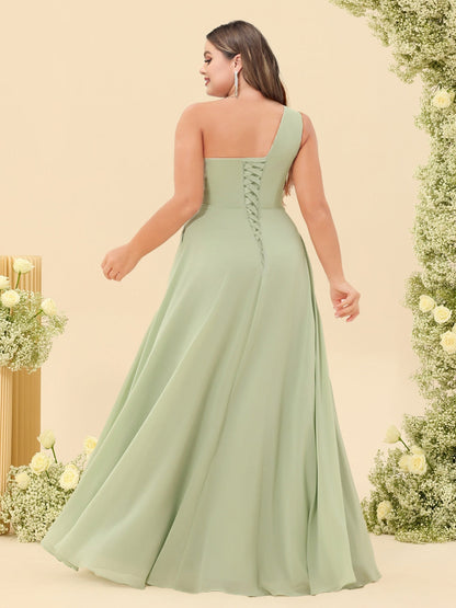 Robe de Demoiselled'Honneur Grande Taille, Coupe Trapèze/Princesse, Asymétrique, Sans Manches, Longue, Fendue Sur le Côté