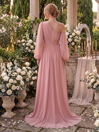 Robe de demoiselle d'honneur longue au sol trapèze, manches longues, fente latérale et ceinture