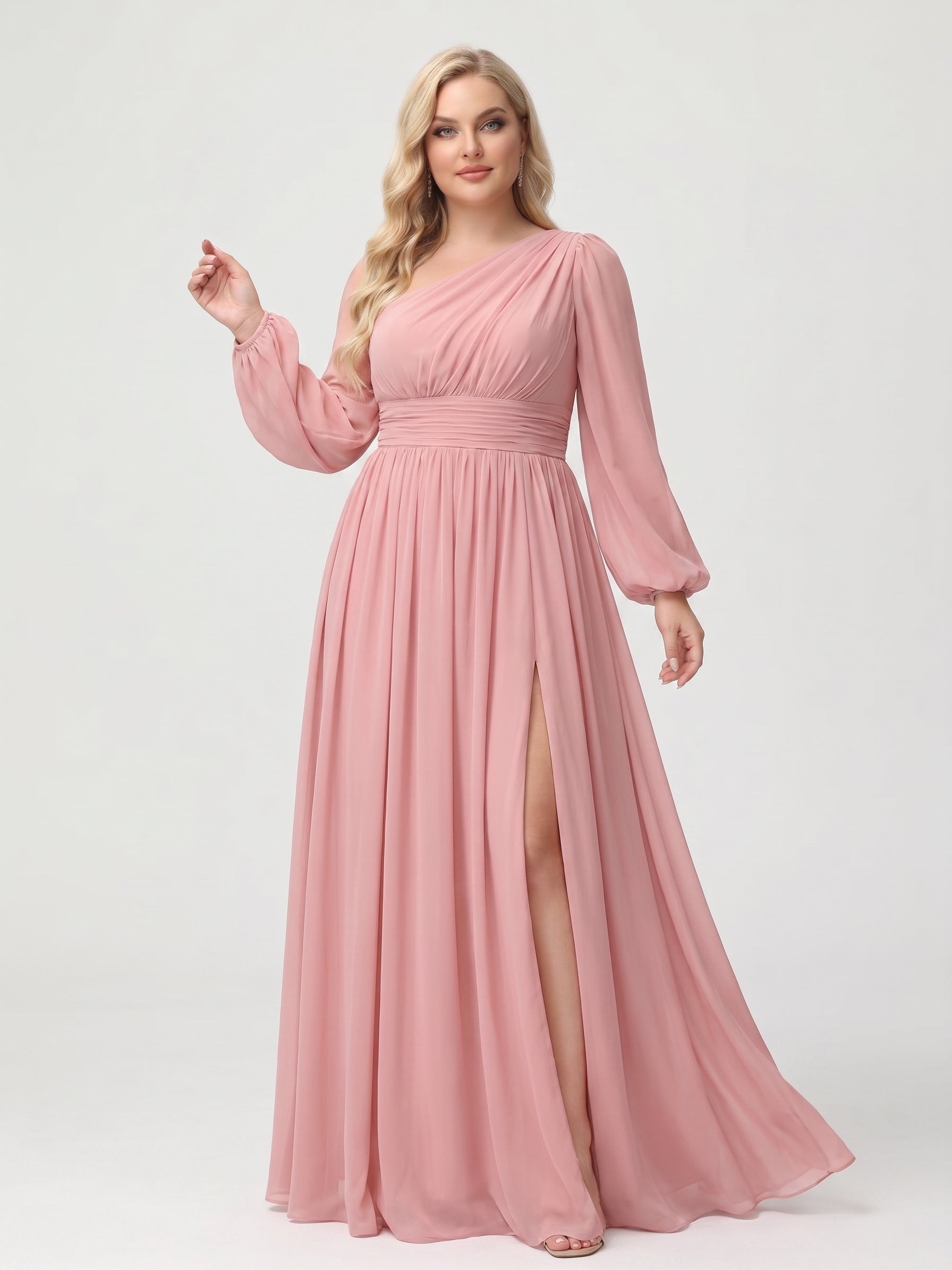 Robe de demoiselle d'honneur grande taille longue au sol trapèze, manches longues, fente latérale et ceinture
