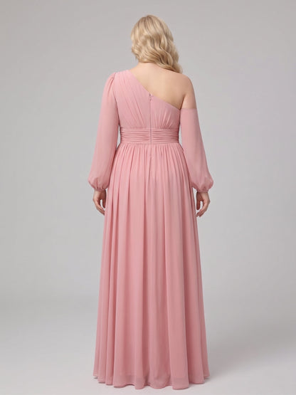 Robe de demoiselle d'honneur grande taille longue au sol trapèze, manches longues, fente latérale et ceinture