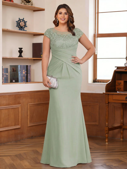 Trompette/Sirène Scoop Manches Courtes Mousseline Robes Mère de la Mariée Grande Taille avec Appliqué